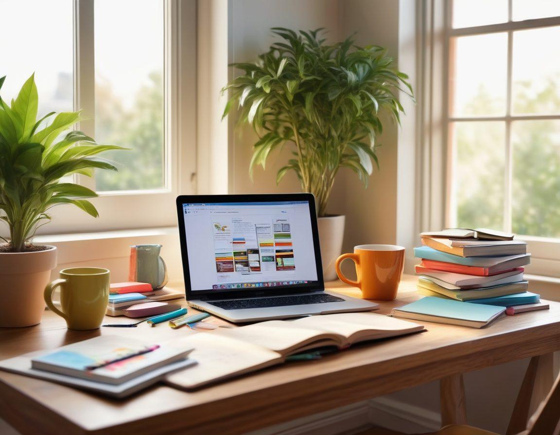 A serene digital workspace featuring a cozy desk with an open laptop displaying colorful bookmarks, surrounded by neatly organized stacks of virtual books. Soft sunlight filters through a nearby window, highlighting a whimsical plant and a coffee mug smiling with joy. The scene conveys a sense of peaceful productivity and satisfaction in digital organization. super-realistic. vibrant colors. cozy atmosphere.