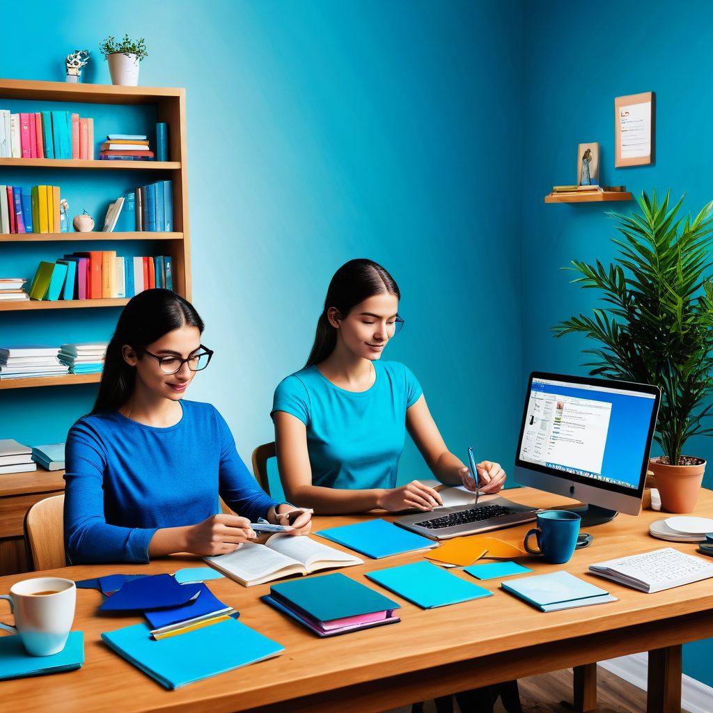 A serene desktop scene featuring a neatly organized digital workspace filled with colorful bookmarks, clear browser tabs, and a calming blue background. Include a person looking relieved and focused, with a cup of coffee beside them. Overlay subtle sparkles to symbolize clarity emanating from the bookmarks. super-realistic. vibrant colors. soothing tones.