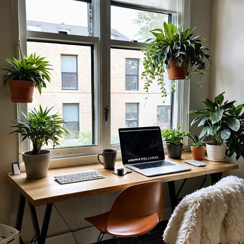 A serene workspace featuring a cozy desk with a laptop open to a beautifully organized digital favorites menu. Surround the desk with plants, calming colors, and personal touches like a coffee mug and a soft blanket, symbolizing comfort. Include visual elements like icons representing different tools for managing digital content, floating around the workspace. Soft natural lighting cascades through a nearby window. super-realistic. warm colors. minimalist aesthetic.